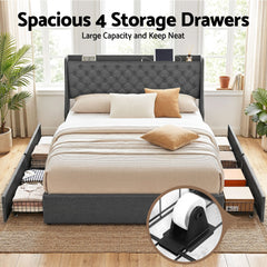Artiss King Bed Frame with 4 Storage Drawers and Charging Station Tufted Wingback Headboard 300kg Loads Charcoal Grey