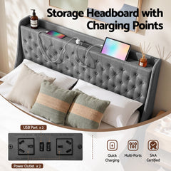 Artiss King Bed Frame with 4 Storage Drawers and Charging Station Tufted Wingback Headboard 300kg Loads Charcoal Grey