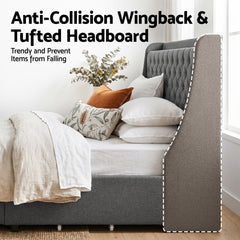 Artiss King Bed Frame with 4 Storage Drawers and Charging Station Tufted Wingback Headboard 300kg Loads Charcoal Grey