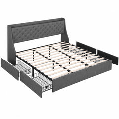 Artiss King Bed Frame with 4 Storage Drawers and Charging Station Tufted Wingback Headboard 300kg Loads Charcoal Grey