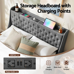 Artiss Queen Bed Frame with 4 Storage Drawers and Charging Station Tufted Wingback Headboard 300kg Loads Charcoal Grey