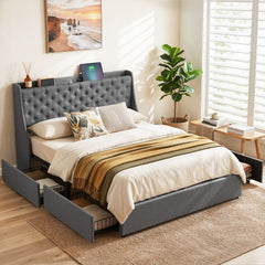 Artiss Queen Bed Frame with 4 Storage Drawers and Charging Station Tufted Wingback Headboard 300kg Loads Charcoal Grey
