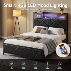Artiss Double Bed Frame with LED Lights Storage Headboard 2 USB 2 AC Outlets Charging Station