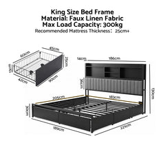 Artiss King Bed Frame with Storage, 4 Drawers and Charging Station