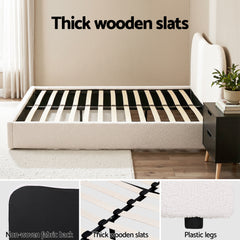 Artiss Double Bed Frame and Bedside Table Set Boucle Beige with Headboard Black Nightstand