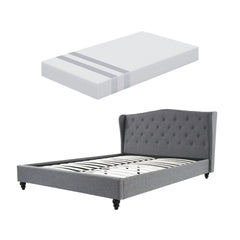 Artiss and BedStory Double Bed Frame and Mattress Set Memory Foam Cooling Gel Medium Soft Tufted Wing Headboard Grey