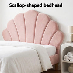 Artiss Bed Frame King Single with 2 Bedside Tables Set Scallop Headboard Pink Velvet Fabric Beds Base