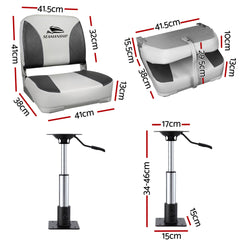 Seamanship 2X Folding Boat Seats with 2X Adjustable Pedestals 34–46cm Marine Swivel Low Back 13cm Padding Charcoal