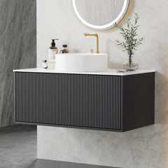 Cefito Vanity Unit 900mm Bathroom Cabinet Storage Wall Hung Grooved Timber Black