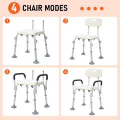 Shower Seat 6-Level Height Adjustable Bath Chair with Removable Backrest and Arms for Elderly Disabled Handicap Non-slip Bathroom Stool 136kg Capacity