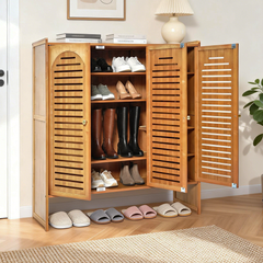 Bamboo Shoe Cabinet Multi-Tier Freestanding Shoe Storage Rack Hold Up to 20 Pairs with Ventilated Magnetic Door for Entryway Hallway Living Room 88x32x95cm