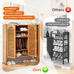 Bamboo Shoe Cabinet Multi-Tier Freestanding Shoe Storage Rack Hold Up to 20 Pairs with Ventilated Magnetic Door for Entryway Hallway Living Room 88x32x95cm