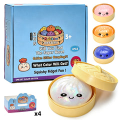 4 Pack Dumpling Squeeze Toys Squishy Bun Mystery Box Glitter Fidget Sensory TPR Stress Ball for Adults Teens Kids Party Holiday Birthday Gifts Multi Color