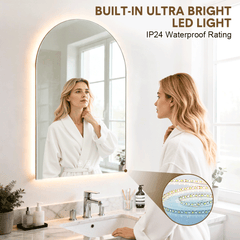 Arched Bathroom Backlit Mirror Shatterproof Tempered Glass with 3 Colors and Dimmable LED Lights Frameless Anti-fog Waterproof Vanity Wall Mirror 89x60cm