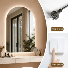 Arched Bathroom Backlit Mirror Shatterproof Tempered Glass with 3 Colors and Dimmable LED Lights Frameless Anti-fog Waterproof Vanity Wall Mirror 89x60cm