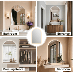 Arched Bathroom Backlit Mirror Shatterproof Tempered Glass with 3 Colors and Dimmable LED Lights Frameless Anti-fog Waterproof Vanity Wall Mirror 89x60cm