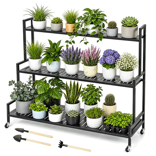 3 Tier Plant Ladder Shelf 120cm Long Steel Flower Pots Organizer with Swivel Wheels for Balcony Patio Garden Living Room 50KG Load Capacity Per Shelf