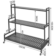 3 Tier Plant Ladder Shelf 120cm Long Steel Flower Pots Organizer with Swivel Wheels for Balcony Patio Garden Living Room 50KG Load Capacity Per Shelf