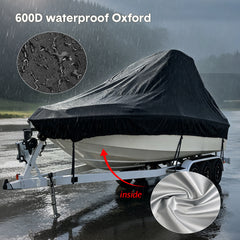 Boat Cover Heavy-Duty 600D UV Resistant and Waterproof Towable Cover with Adjustable Trailering Straps for V-Hull Bass Runabout Fishing Fits 17-19ft Boats