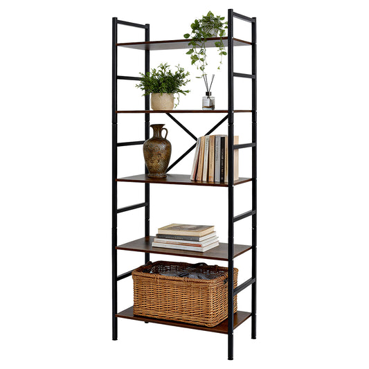 5 Tier Bookshelf Freestanding Open Metal Frame Bookcase Loading Capacity 6kg per Tier for Home Office Living Room Kitchen Rustic Display Stand 60x30x157cm
