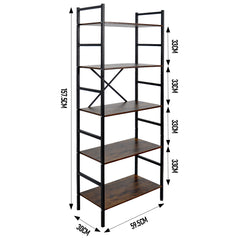 5 Tier Bookshelf Freestanding Open Metal Frame Bookcase Loading Capacity 6kg per Tier for Home Office Living Room Kitchen Rustic Display Stand 60x30x157cm