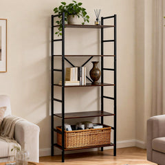 5 Tier Bookshelf Freestanding Open Metal Frame Bookcase Loading Capacity 6kg per Tier for Home Office Living Room Kitchen Rustic Display Stand 60x30x157cm