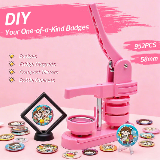 58mm Button Maker Machine DIY Badge Making Pin Press Machine with All-Inclusive Accessories for Custom Pin Badges Mirrors Fridge Magnets Gift Set Pink