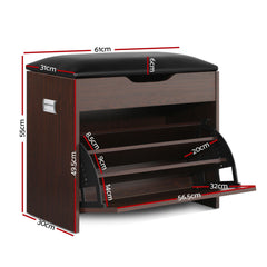 Artiss 2x Shoe Bench Set Flip Drawer Walnut