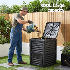 Gardeon Compost Bin 300L Heavy-Duty Black Outdoor Composter with Top Lid Bottom Door