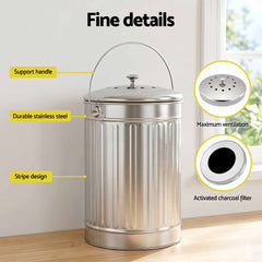 Gardeon Compost Bin Kitchen Countertop Food Waste Caddy 6L Silver