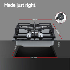 Devanti Gas Cooktop 30cm 2 Burner Built-in Stove Glass Cook Top NG LPG Wok Burner