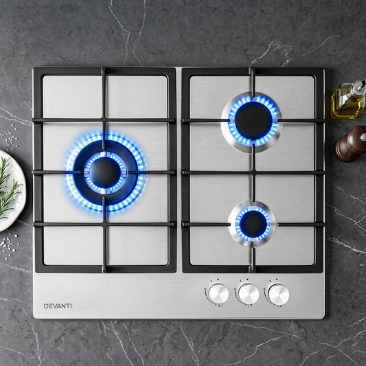 Devanti 59cm Gas Cooktop 3 Burner Knob Control Stainless Steel Hob Silver