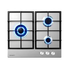 Devanti 59cm Gas Cooktop 3 Burner Knob Control Stainless Steel Hob Silver