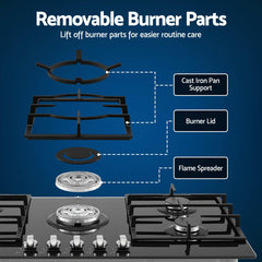Devanti 90cm Gas Cooktop 5 Burner LPG NG Tempered Glass Hob Black