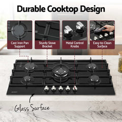 Devanti 90cm Gas Cooktop 5 Burner LPG NG Tempered Glass Hob Black