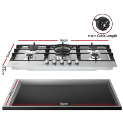Devanti 90cm Gas Cooktop 5 Burner LPG NG Stainless Steel Hob Silver