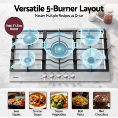 Devanti 90cm Gas Cooktop 5 Burner LPG NG Stainless Steel Hob Silver