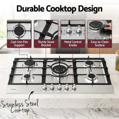 Devanti 90cm Gas Cooktop 5 Burner LPG NG Stainless Steel Hob Silver