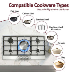 Devanti 90cm Gas Cooktop 5 Burner LPG NG Stainless Steel Hob Silver