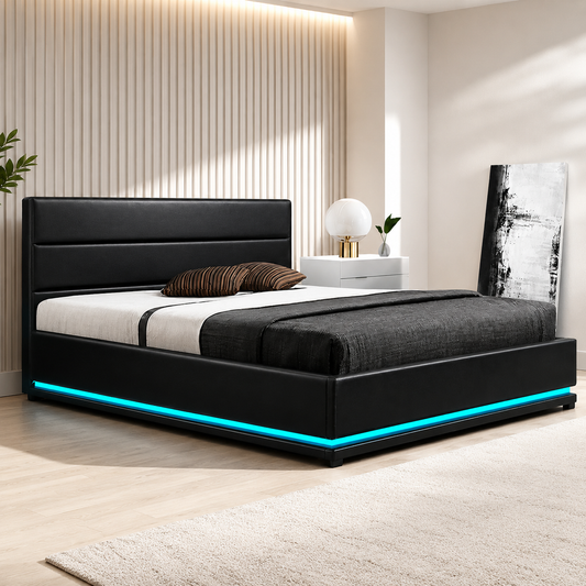 Artiss Bed Frame Double Size LED Gas Lift Black LUMI