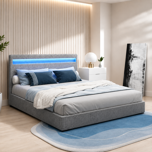 Artiss Bed Frame Double Size LED Gas Lift Grey COLE