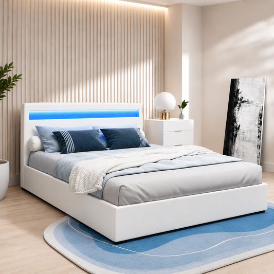 Artiss Bed Frame Double Size LED Gas Lift White COLE
