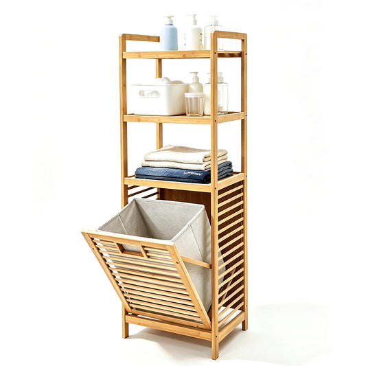 Bamboo Laundry Hamper Floor Stand Clothes Organizer with 3-Tier Storage Shelves and Tilt-Out Detachable Basket for Bathroom Bedroom Living Room 40x30x119cm