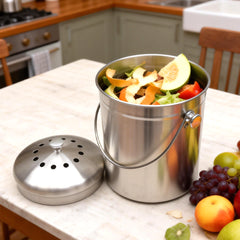 5L Compost Bin Kitchen Countertop Stainless Steel Composter Bucket with Lid and Charcoal Caddy Kitchen Waste Pail Odour Free and Easy Cleaning Silver
