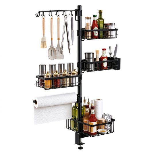 Clamp-on Griddle Caddy Countertop Condiment Utensil Organizer with Rotatable Hooks Baskets and Towel Holder for Kitchen Outdoor BBQ Camping Portable Rack