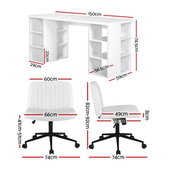 Artiss Office Desk & Chair Set 150cm Computer Desk with 6 Storage Shelves & Ergonomic Cross Legged Chair Armless Cross PU Leather Office Chair with Wheels
