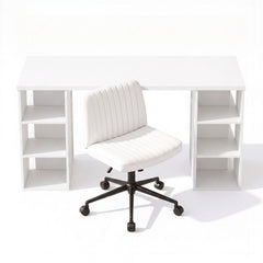 Artiss Office Desk & Chair Set 150cm Computer Desk with 6 Storage Shelves & Ergonomic Cross Legged Chair Armless Cross PU Leather Office Chair with Wheels