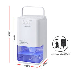 Devanti 1400ML Portable Dehumidifier Quiet Sleep Mode Timer Auto Off Bedroom White