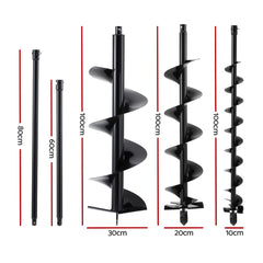 Giantz Post Hole Digger Auger Drill Bit Set 100mm 200mm 300mm Carbon Steel Black