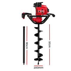 Giantz 92CC Post Hole Digger 200mm Petrol Drill Extension Auger Bits